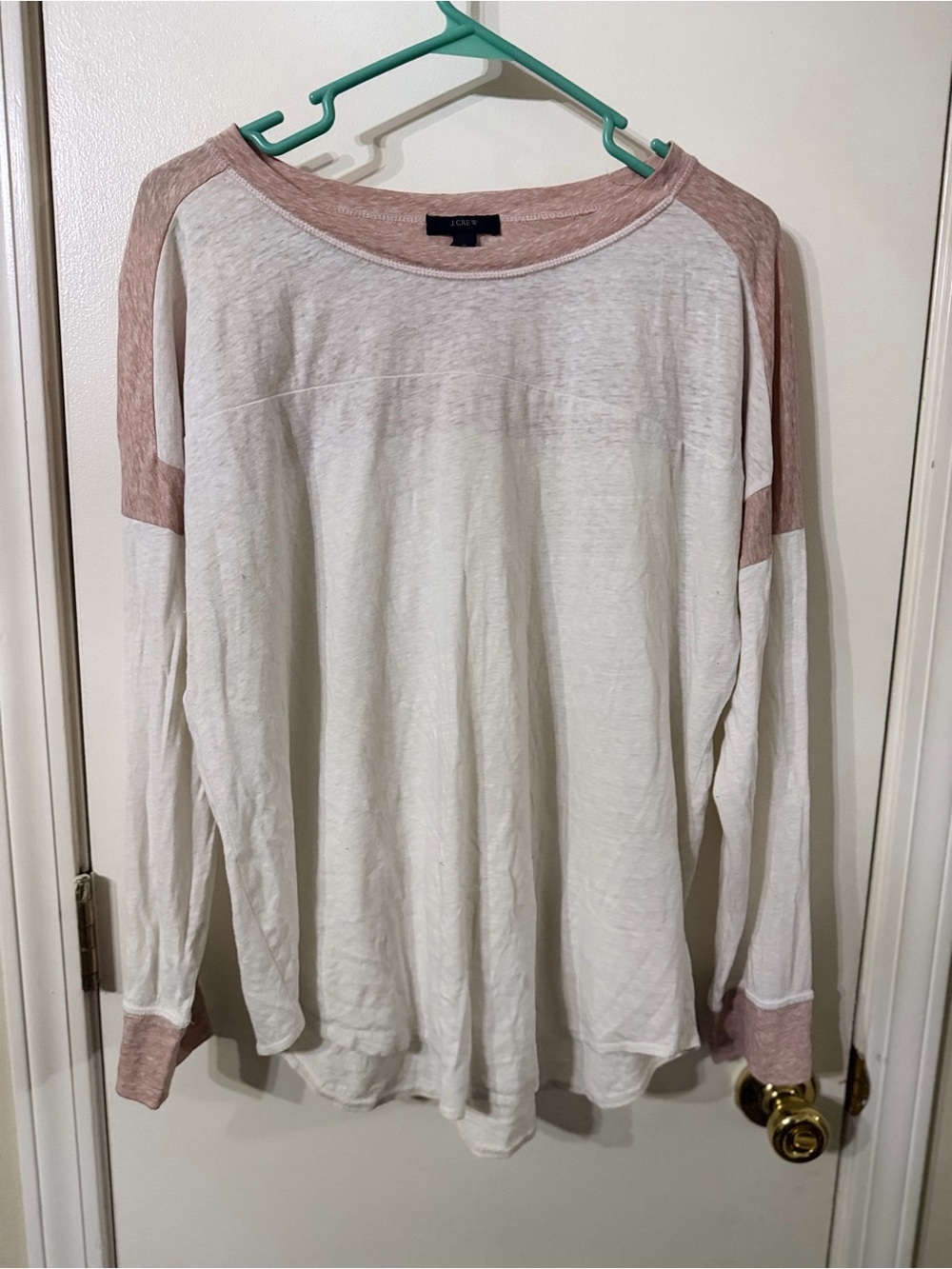 J. Crew White Long Sleeve Raglan Top with Dusty Pink Trim